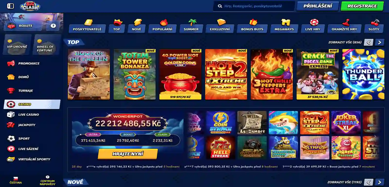 Úvodní stránka BigClash Casino s nabídkou her