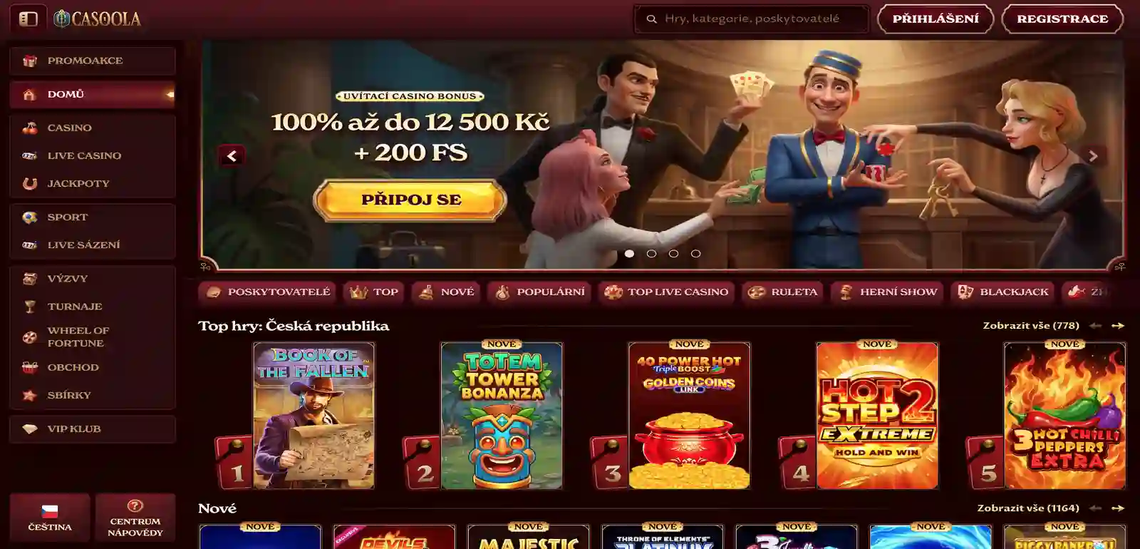 Úvodní stránka Casoola Casino s nabídkou her